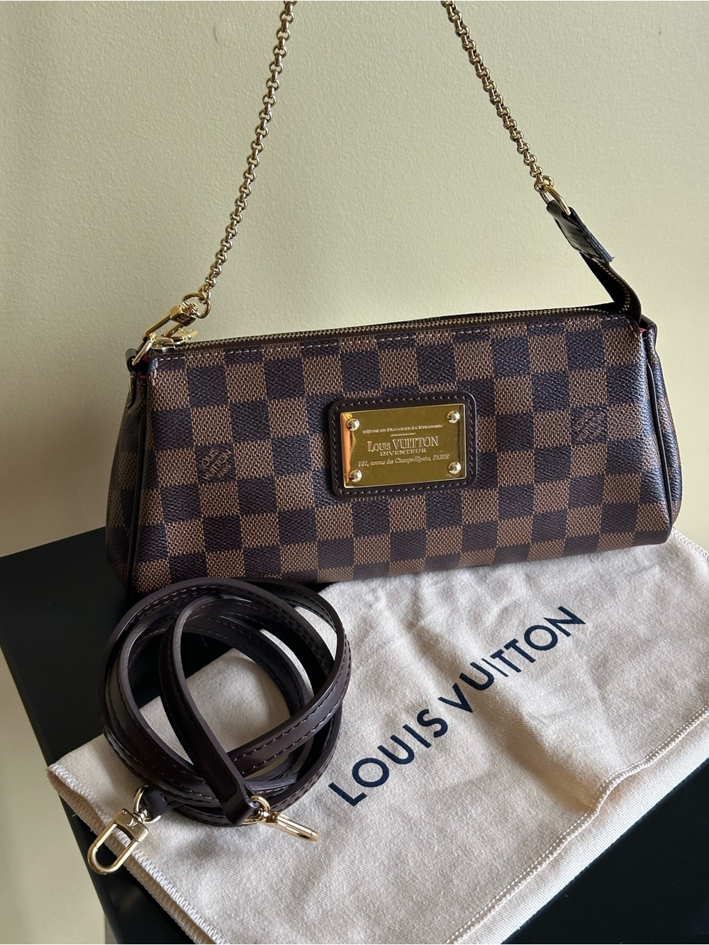 Louis Vuitton Eva Pochette Damier Ebene w/ Strap Dust Bag
